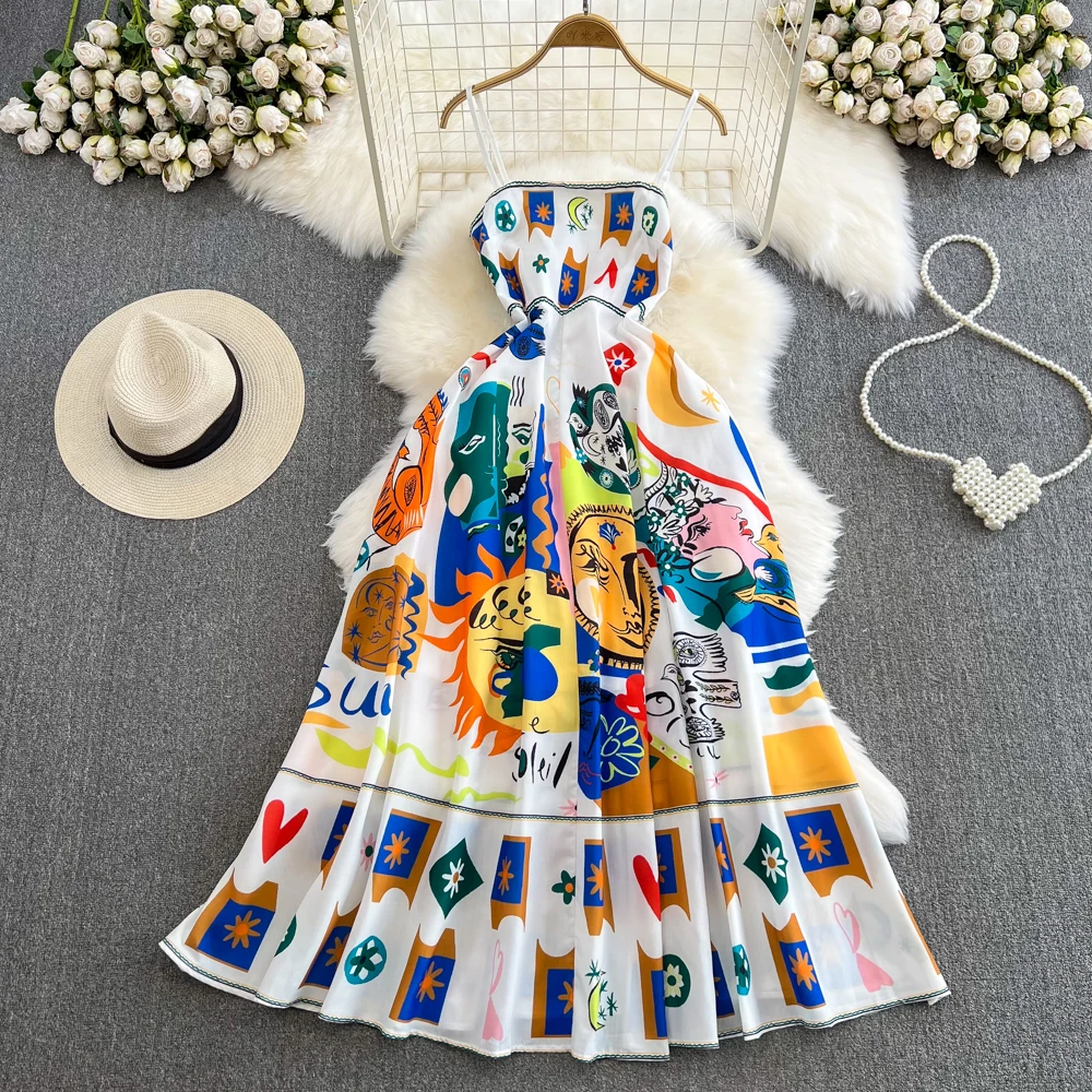 

Women's Vintage Bohemian Strap Long A Line Dress Lady Summer Streetwear Sexy Holiday Beach Sleeveless Dress