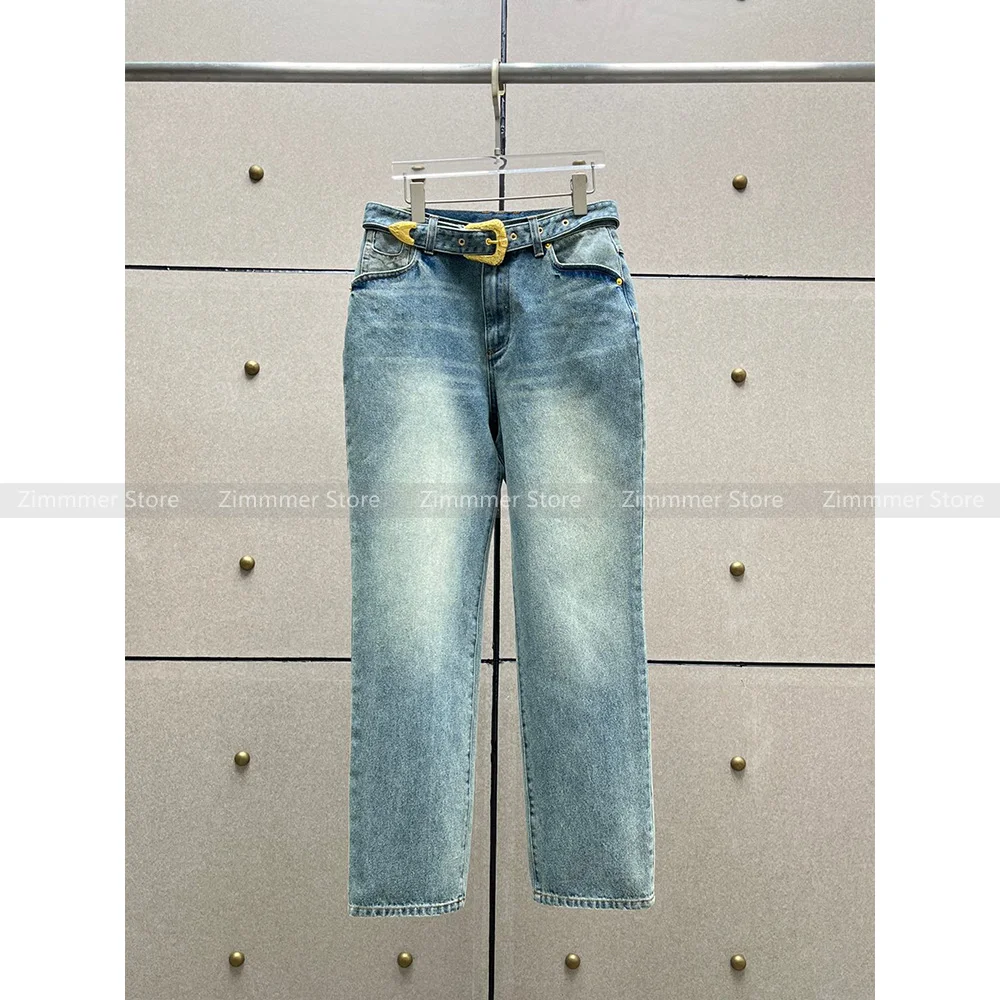 

24 Spring/Summer New Niche Design Metal Embossed Belt Vintage Washed High Waist Straight Jeans