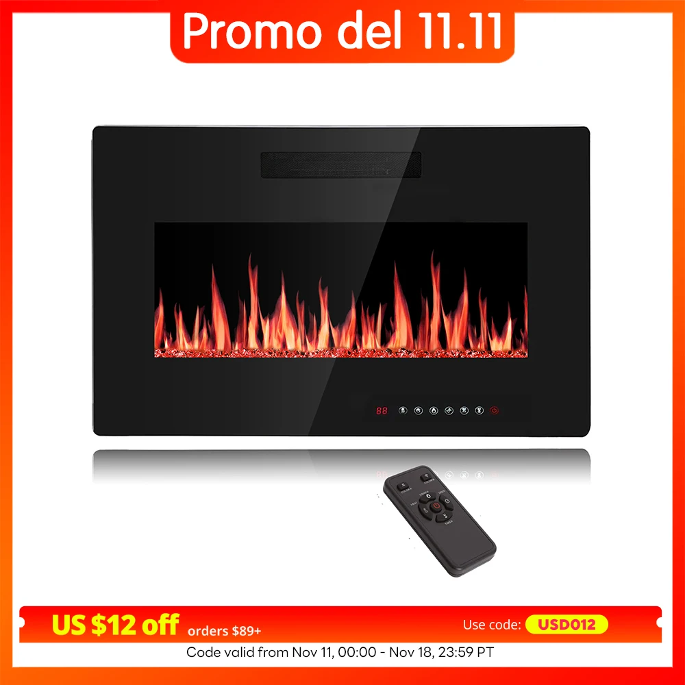 36" Recessed & Wall Mounted Electric Fireplace,Ultra thin & Low Noise,Touch Screen Remote Control,Unique Flame Design