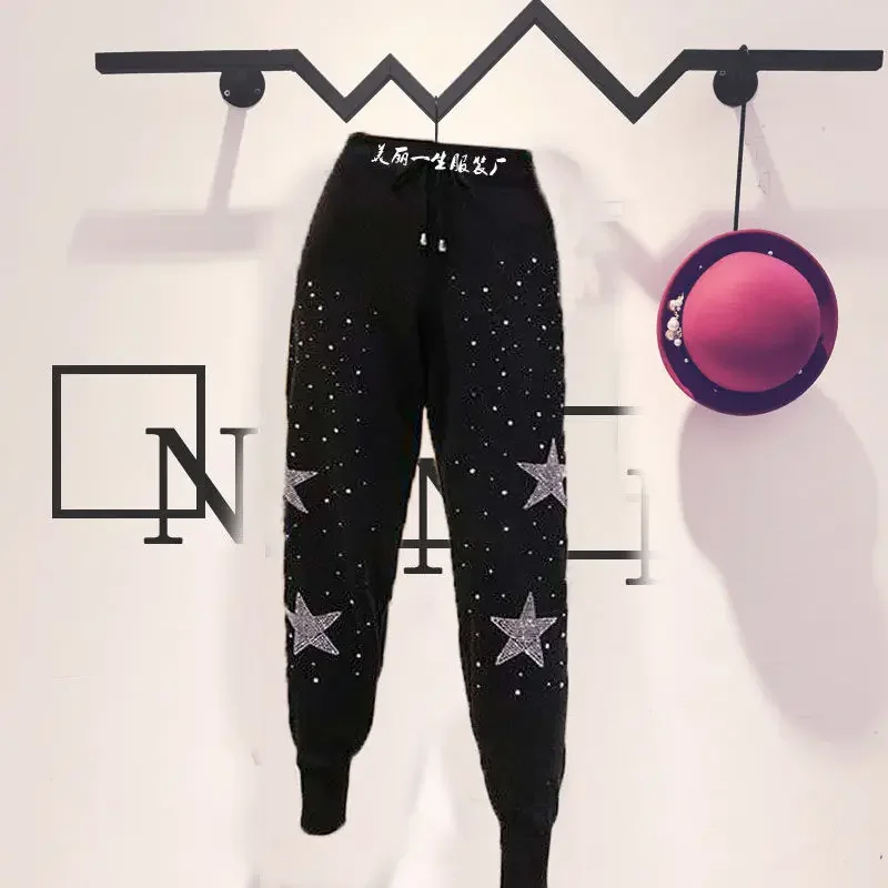 2021 Autumn New Women's Korean Version of The Nine-point Lace-up Stretch Black Hot Diamond Pants High-waisted Harem Sweatpants