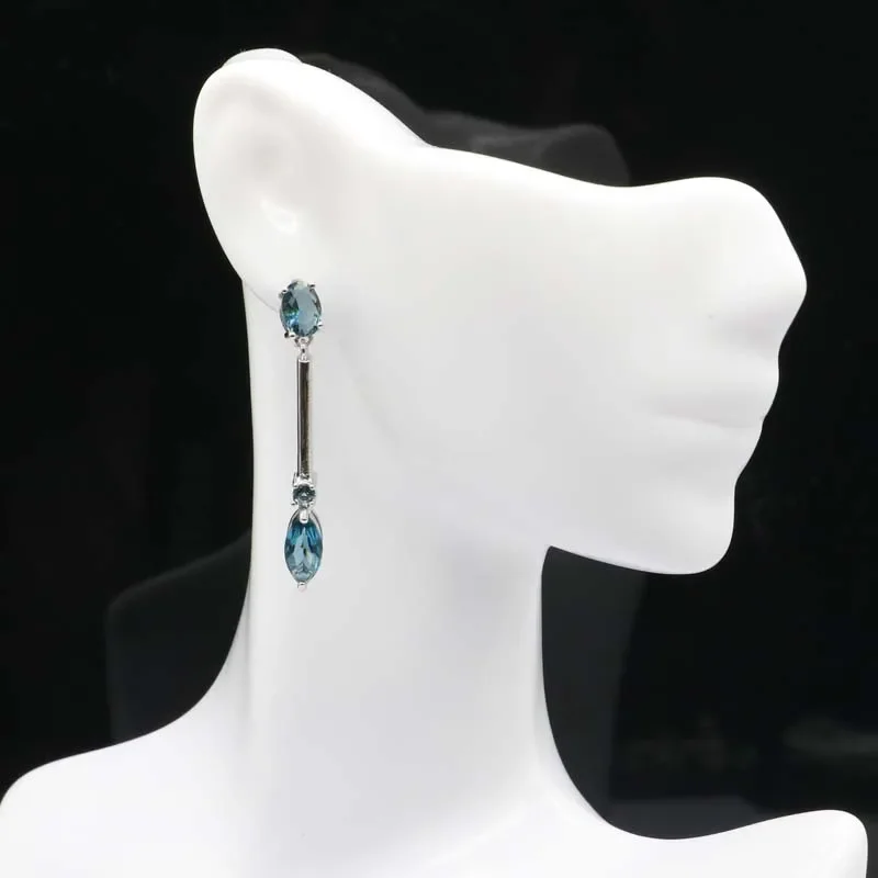 925 SOLID STERLING SILVER Customized Earrings 5.5g London Blue Topaz Green Emerald Woman's Present Eye Catching
