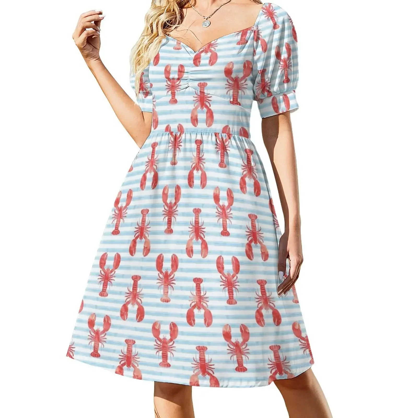thumbnail image 1 of Vestido de manga corta con estampado de langostas y rayas azules para mujer. Vestidos de fiesta, atuendos para festivales., 1 of 8