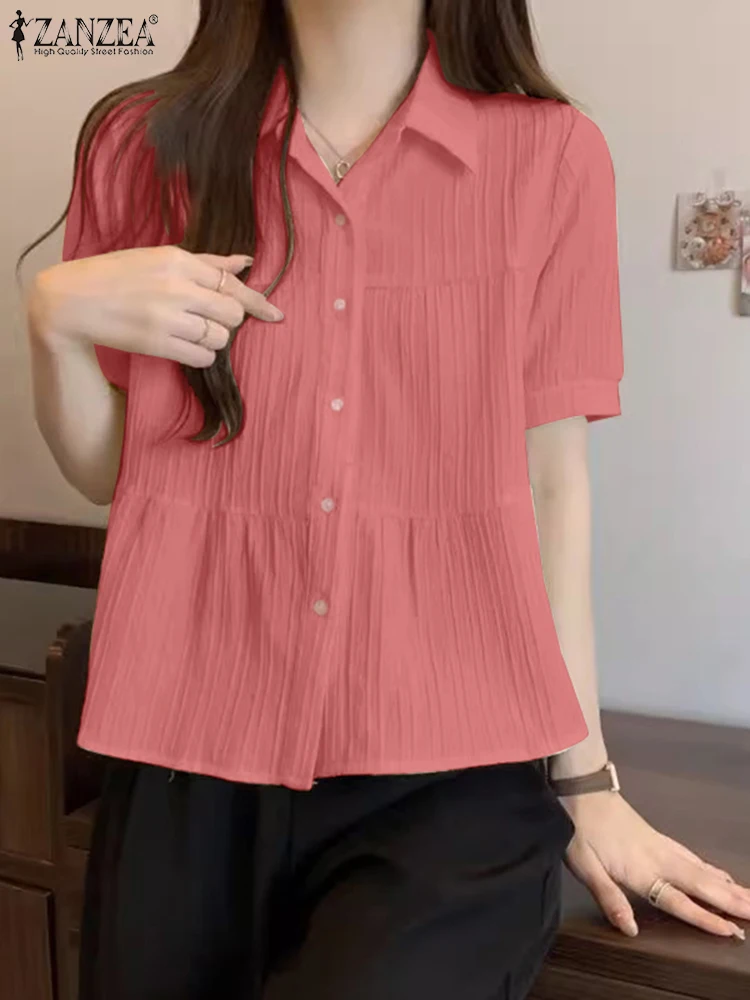 

Корейская женская милая блузка ZANZEA, лето 2024, модная рубашка с коротким рукавом, праздничный плиссированный топ с отложным воротником, повседневные свободные топы