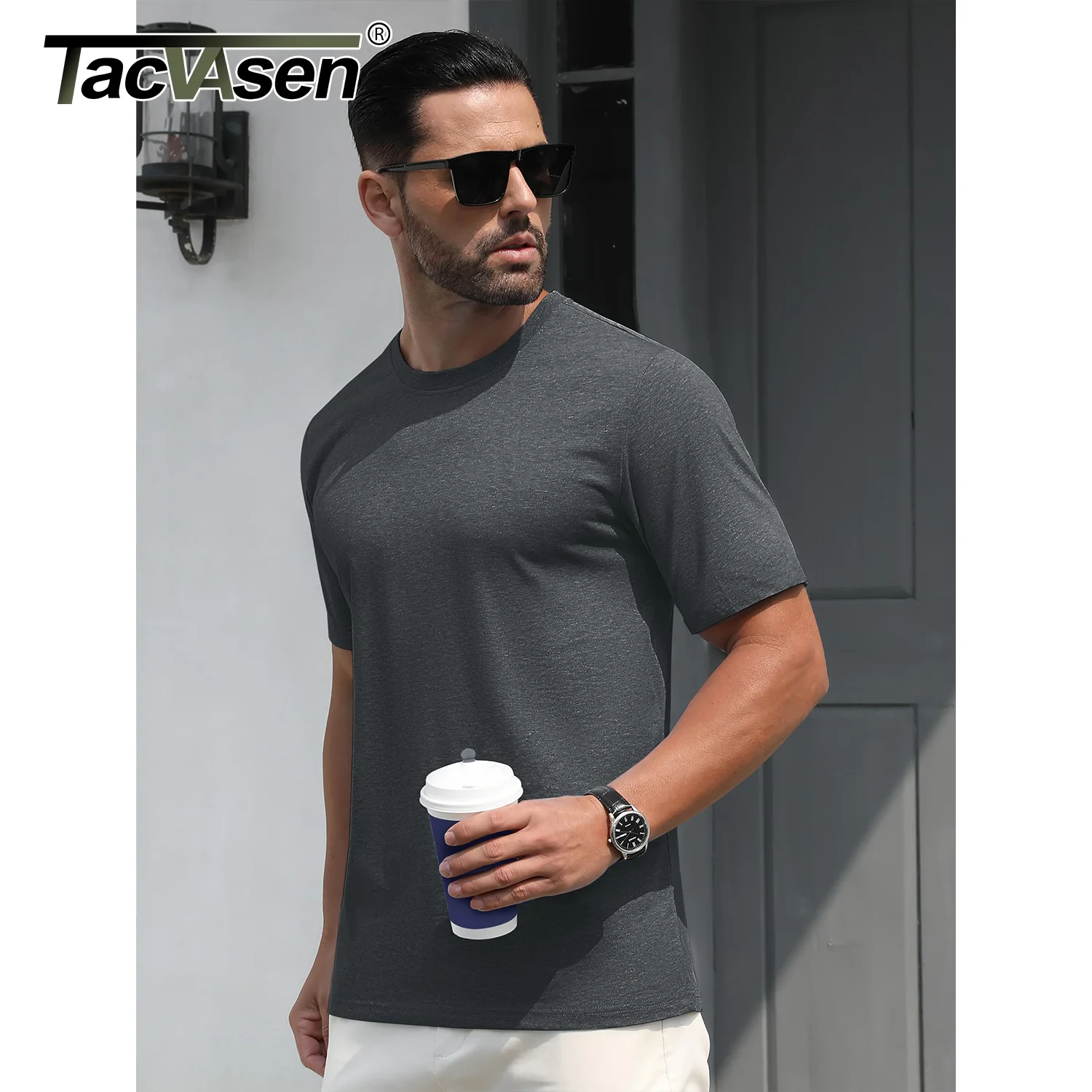 TACVASEN 남성용 반팔 크루넥 코튼 티셔츠, 통기성 캐주얼 티셔츠, 스포츠 풀오버 기본 티셔츠, 탑 의류