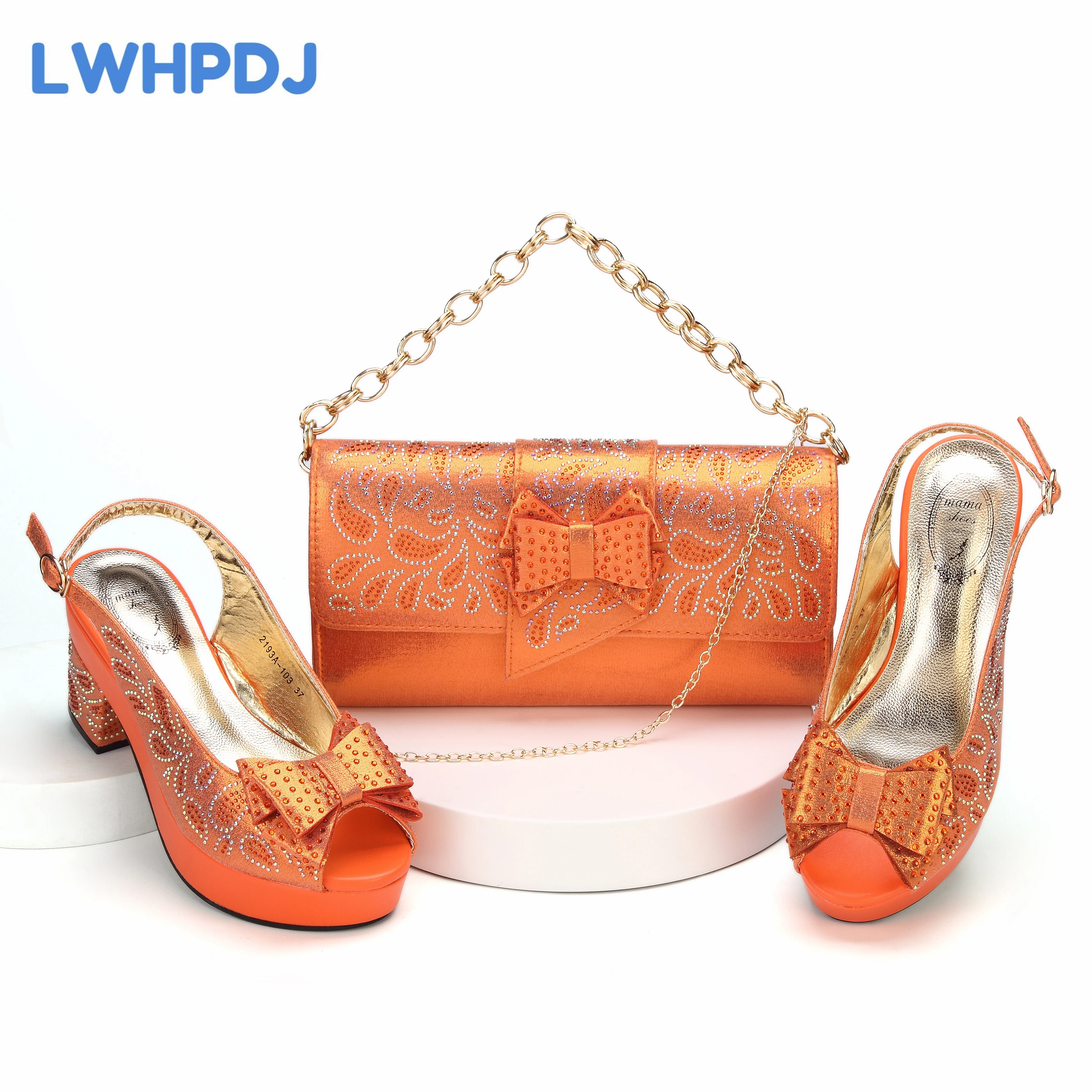 

2024 Orange Color Shoes Matching Bag Set Decorated with Bling Butterfly-knot For Ladies Wedding Party Pump