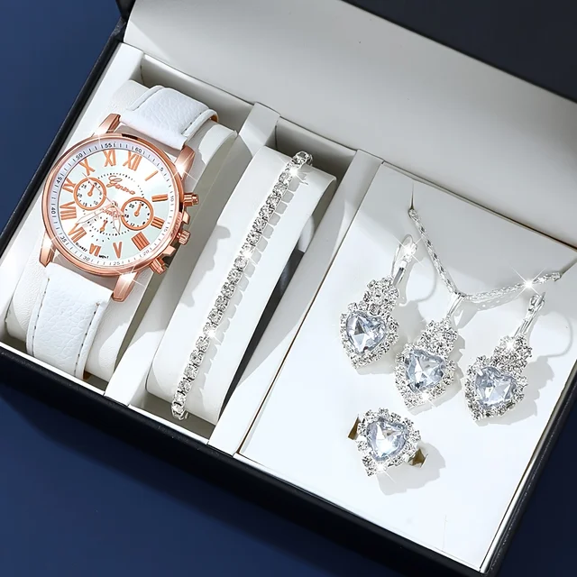 Fashion quartz watch and jewelry set, shock resistant circular analog digital display, PU leather strap, zinc alloy case 6 Fashion quartz watch and jewelry set, shock resistant circular analog digital display, PU leather strap, zinc alloy case 6