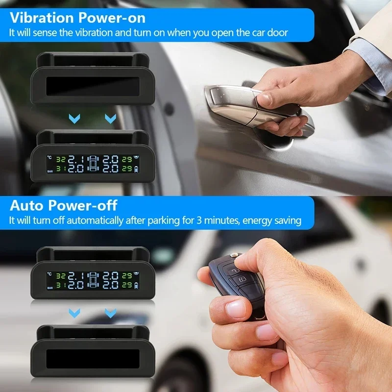 Car Tire Pressure Monitor Car Tire Pressure Sensor Smart Car TPMS Solar Power Digital LCD Screen Display Wireless 4 tire Monitoring System Auto Security Alarm Tire Pressure Sensor