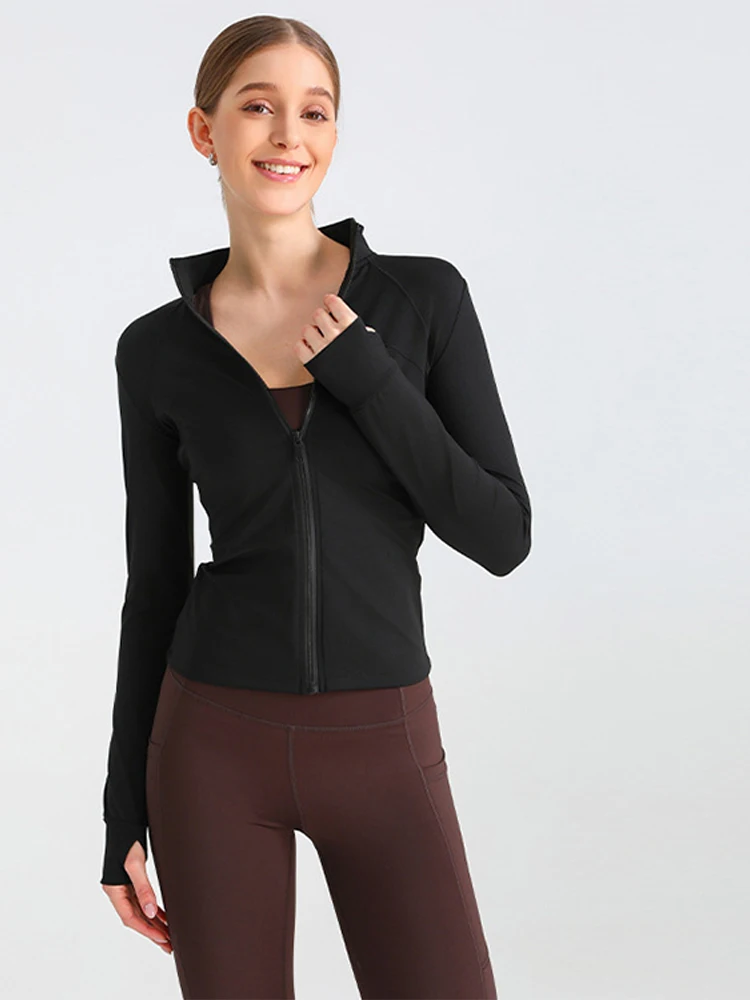 Description Picture 4 of item2025 New Gym Fitness Sports Jacket Women's Slim Long Sleeve Thumbholes Waist Cinching Stretch Coat Fashion Ladies Yoga Sportwear