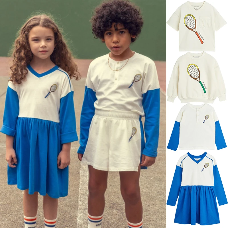 

2024 New Kids Tennis Racket Series Set Spring Summer Boys Girls Beige Hoodie Tennis Racket Color Blocking Dress Set