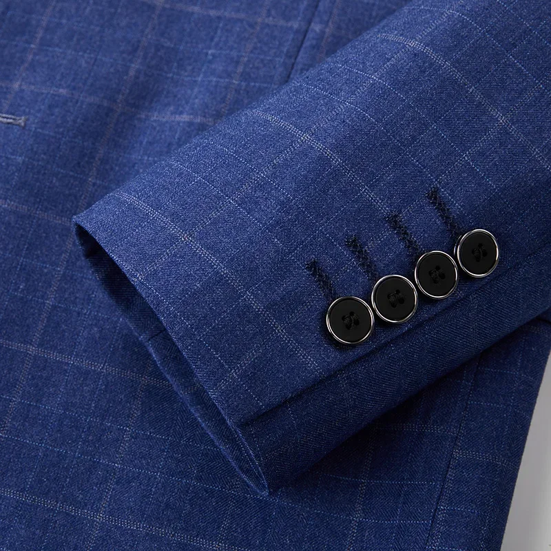 High-end Brand Classic Blue or Gray Plaid Men's Casual Business Suit Retro Official Suit Groom Wedding Dress Jacket Vest Pants