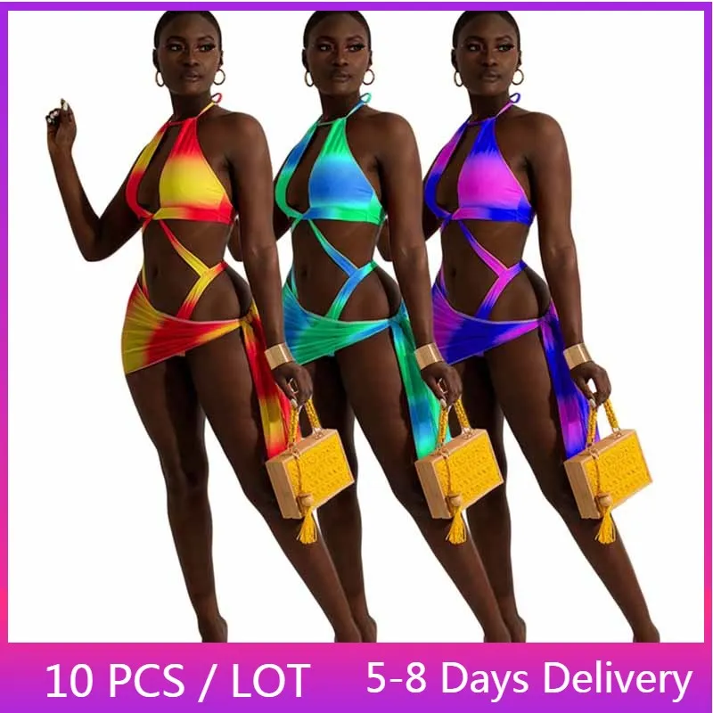 

Wholesale Items Printed Bikini Sexy 3 Piece Set Women Summer Halter Top Pantie Mini Skirt Set Beach Tie Dye Bandage Bathing Suit