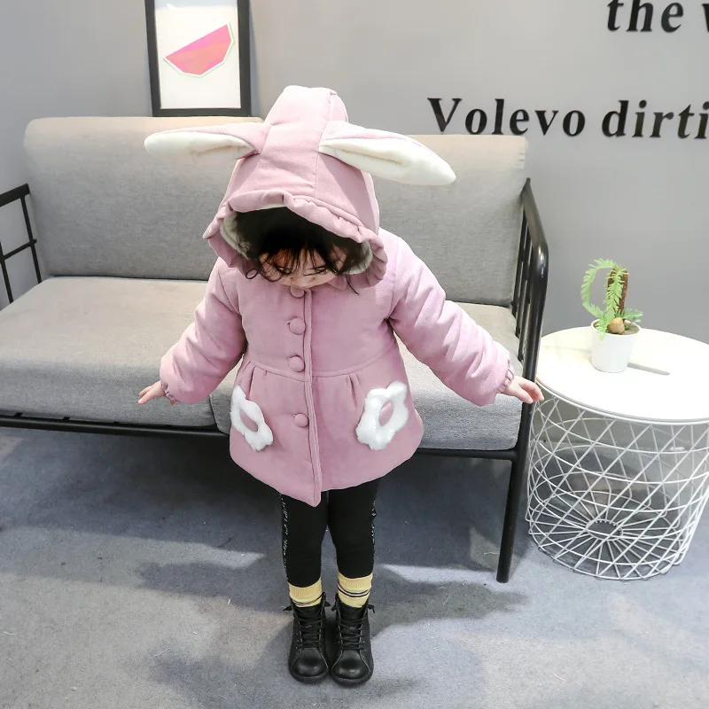 Winter New Baby Girls' Coat with Plush and Thick Hooded Cute Long Ears Windproof Children's Clothing Suitable for 0-3 Years Old