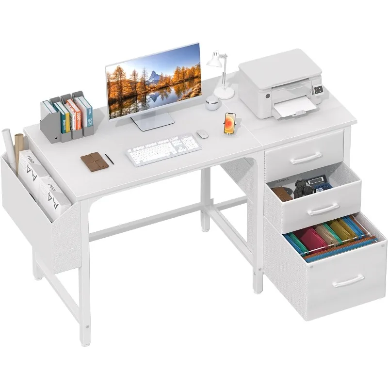 

White Computer Desk with File Drawers Cabinet, 47 Inch Home Office Desks with Fabric Filing Cabinet for Small Space