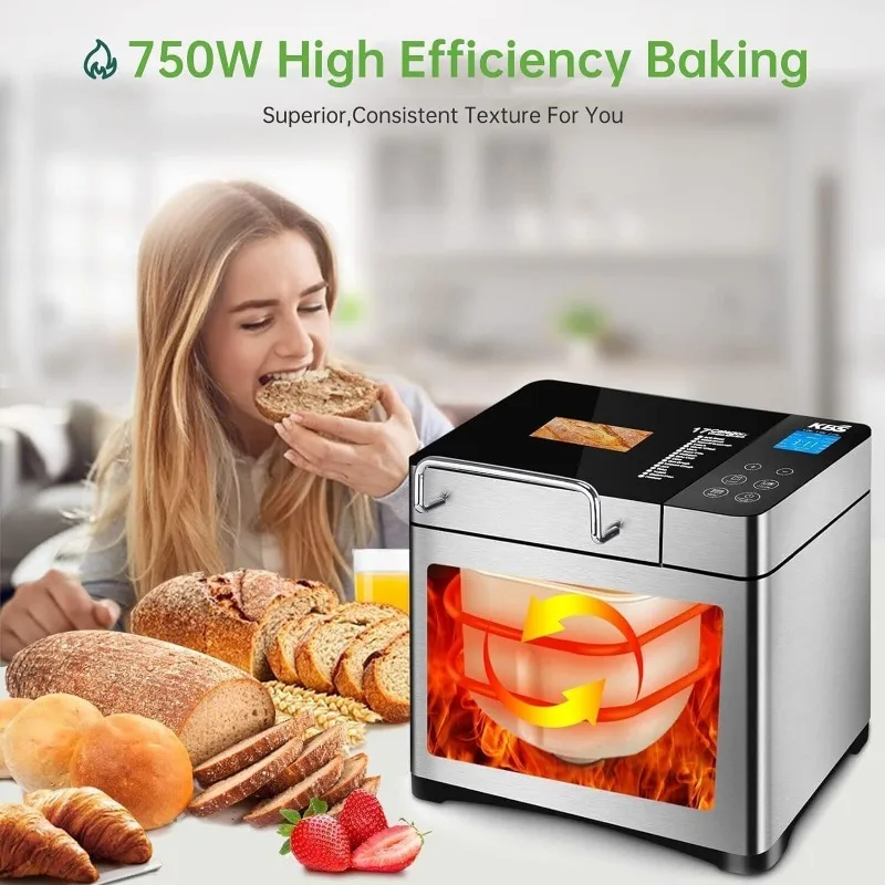 Stainless Steel Bread Machine Bread Maker with Fruit Nut Dispenser, Nonstick Ceramic Pan& Digital Touch Panel 6