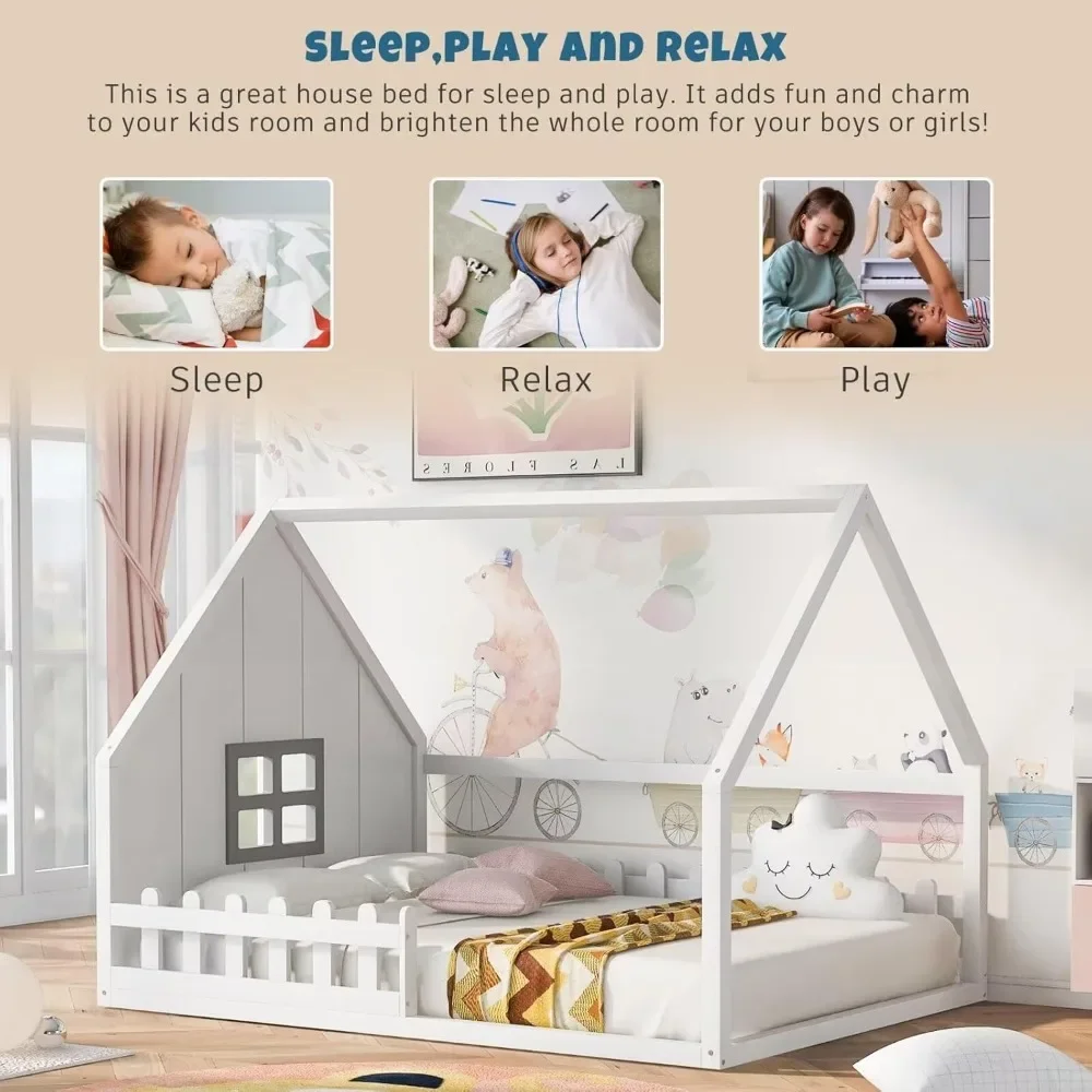 Full Size House Bed for Kids,LED Light Toddler Floor Bed with Fence and Window, Toddler Bed Frame for Girls Boys Kids 3