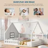 Full Size House Bed for Kids,LED Light Toddler Floor Bed with Fence and Window, Toddler Bed Frame for Girls Boys Kids 3