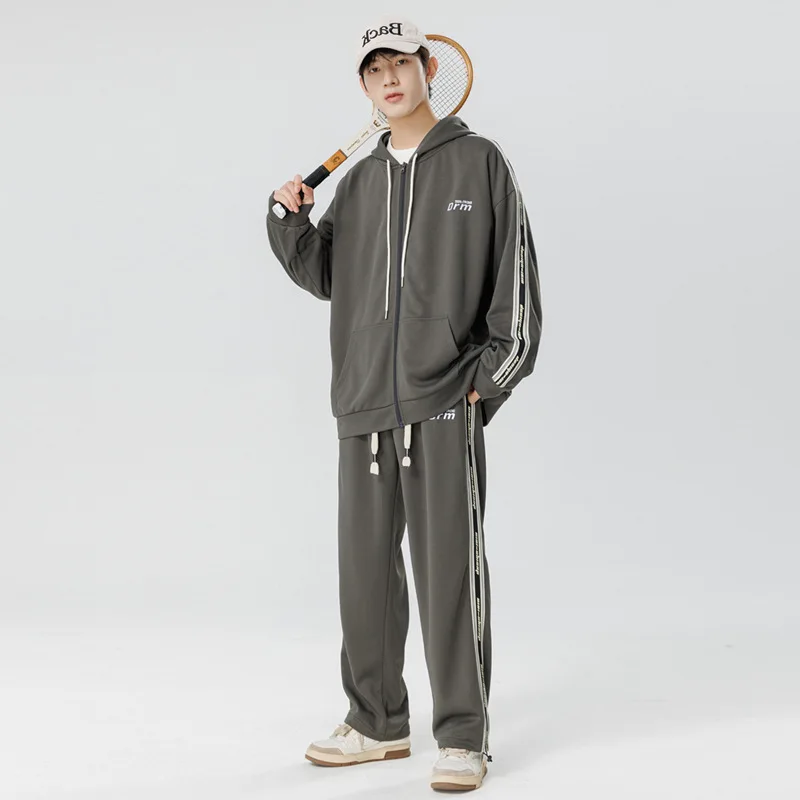 Sports set casual two-piece autumn zippered cardigan hoodie stripe cropped pants tracksuit men set