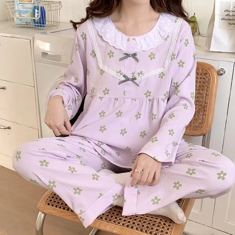 Round Neck Lace Trim Home Wear Thin Cloud Cotton Nightgown Long Sleeved Trousers Pajamas Two-piece Set Lounge Clothing for Women