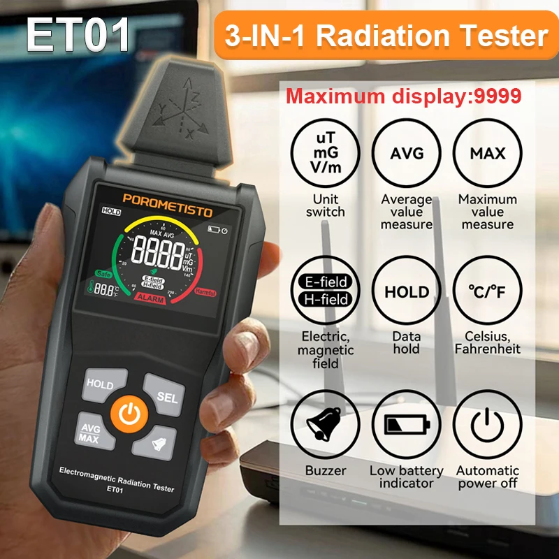 3 in 1 Electromagnetic Radiation Tester Temp/Electric Field/Magnetic Field Radiation Detector 9999 Displays Handheld EMF Meter emf meter tester