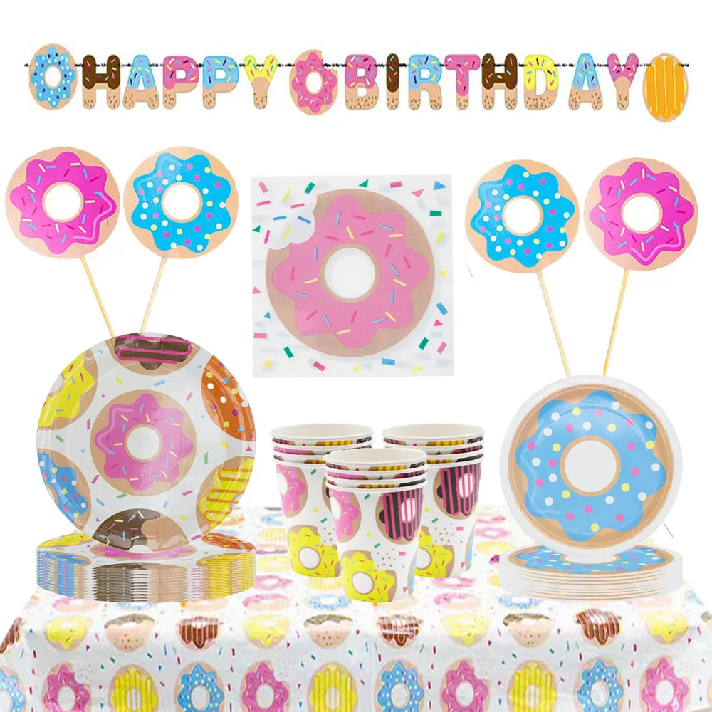 

Donut Subject Plate Cup Napkins Tablecloth Banner Party Supplies Disposable Tableware Set 1st Birthday Decorate Supplies