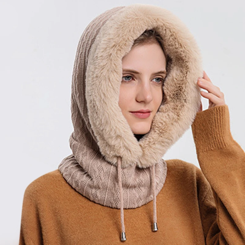 Winter Fur Cap Mask Set Hooded For Women Knitted Cashmere Neck Warm Russia Outdoor Ski Windproof Hat Thick Plush Fluffy Beanies thermal aviator bomber hat