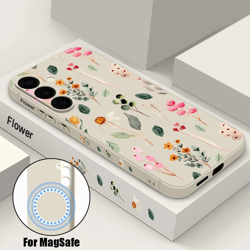Floral Magnetic Soft Phone Case with Magsafe Wireless Charging and Lanyard Cover