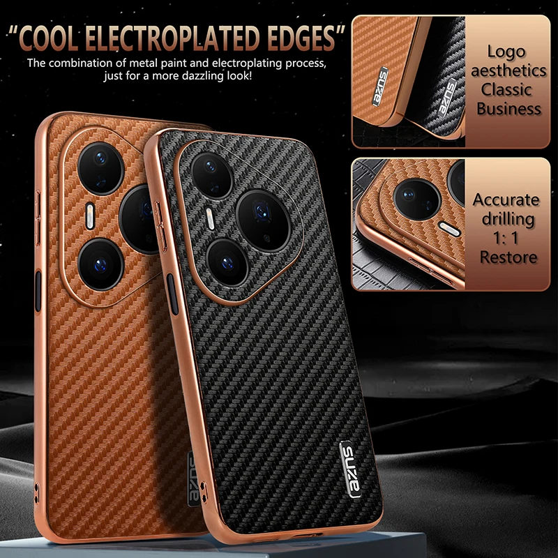 Luxury Carbon Fiber Texture Leather Case with Plated Soft Bumper Back Cover