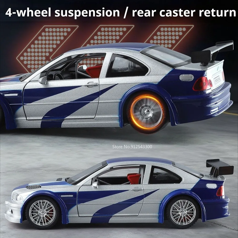 1:24 스케일 M3 GTR E46 325li 모형 자동차 장난감, 도어 개폐 가능, 합금 바디, 충격 흡수, 사운드, 라이트 기능 탑재, 어린이 선물용 모델