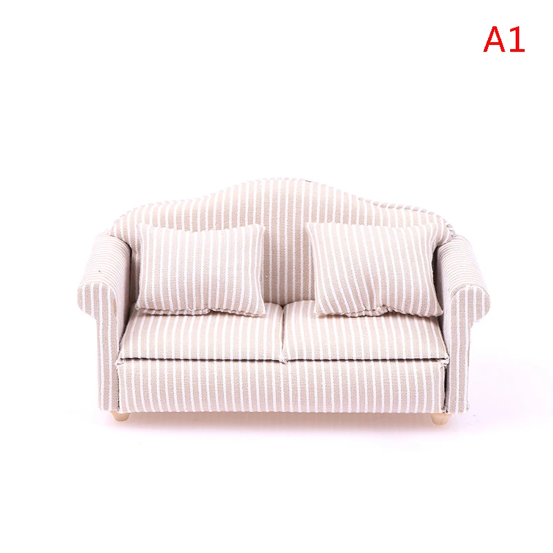 Miniature Dollhouse Sofa with Pillow - Pretend Play Living Room Decor