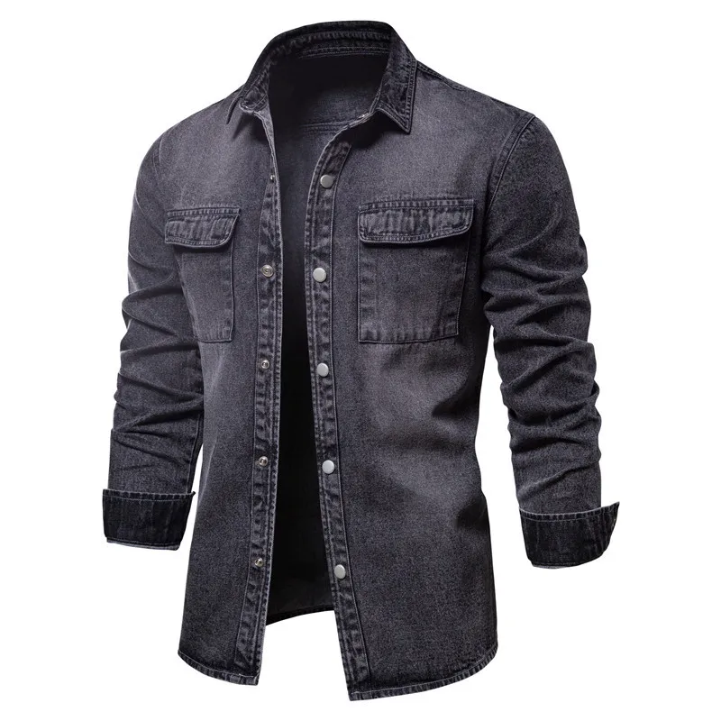 Men Denim Shirts Jackets Male Light Blue Casual Fashion Denim Coats Jeans Jacket Man Streetwear Long Sleeve Shirts Size XXL