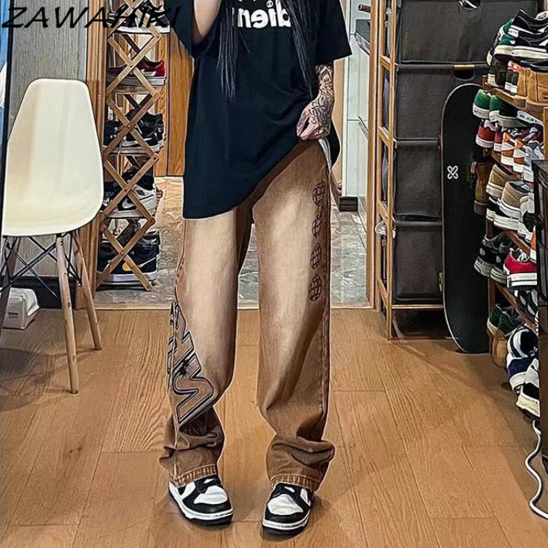 

American Retro Brown Streetwear Letter Print Jeans Women Wide Leg Loose All Match High Street Distressed Y2K Denim Pants Mujer