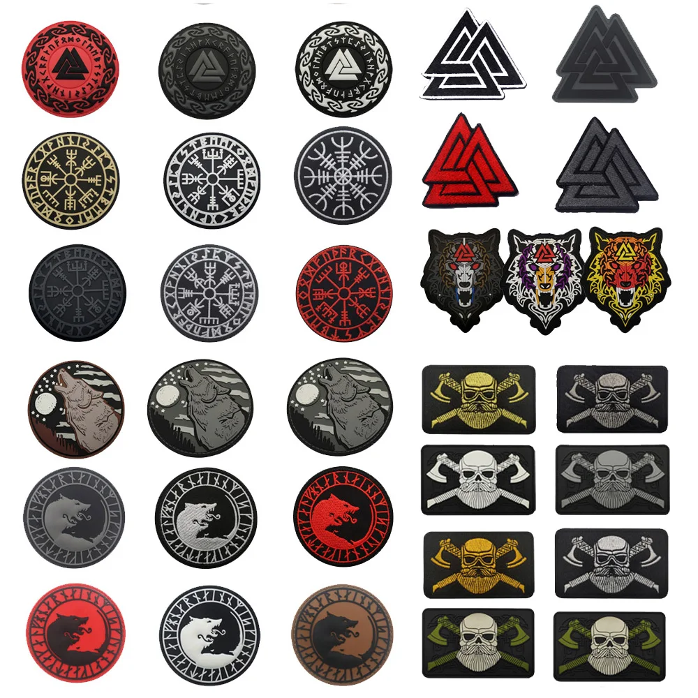 Outdoor Tasche Zubehör Taktische Abzeichen Viking Wolf Kopf Lunavin Odin Logo Kompass Stickerei Patch Vking Gummi Haken Patch
