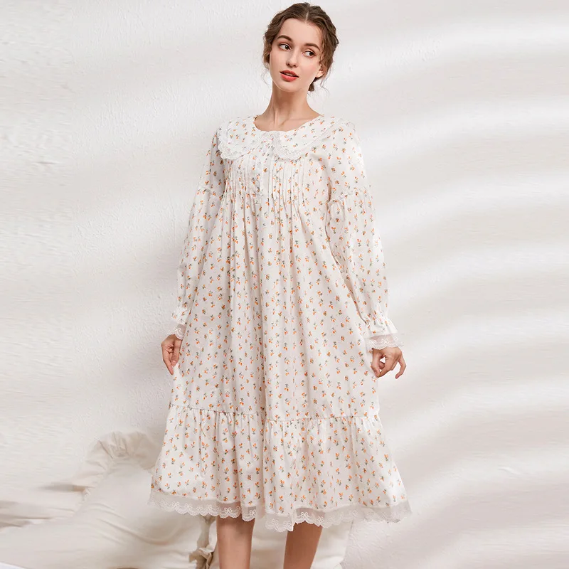 

Palace Long Sleeved Princess Nightdress Vintage Cotton Nightgown Women's Large Loose Small Broken Flower Home Clothes Star Same
