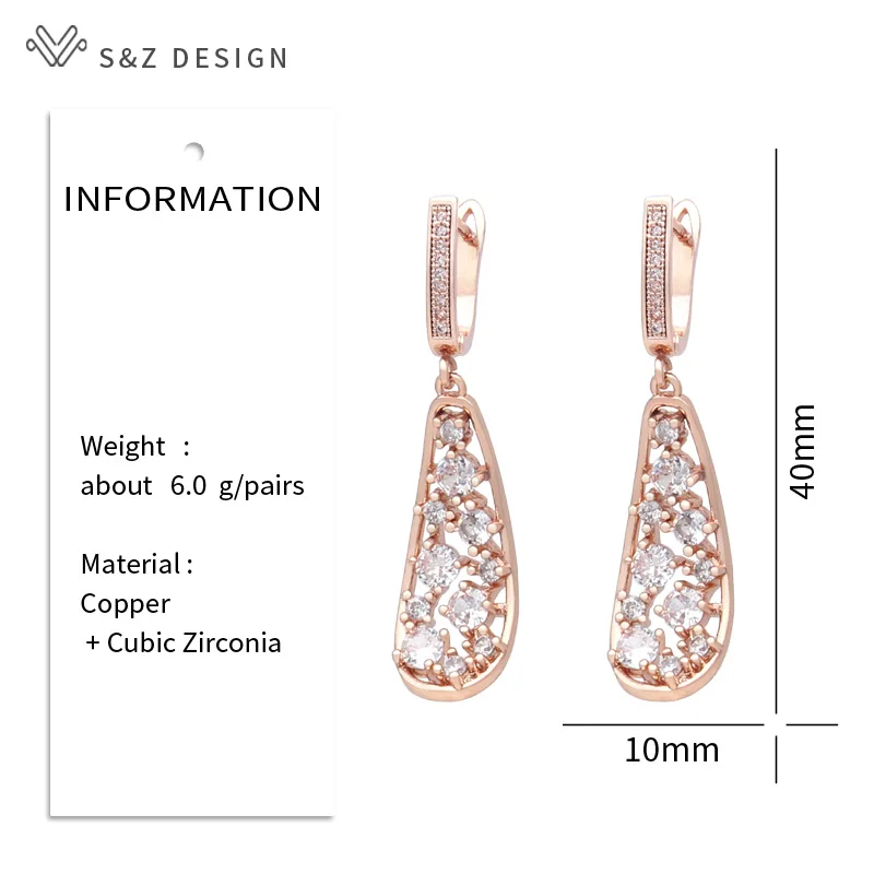 S&Z DESIGN New Fashion 585 Rose Gold Color Hollow Bent Leaf Cubic Zirconia Dangle Earrings For Women Party Jewelry Fine Gift
