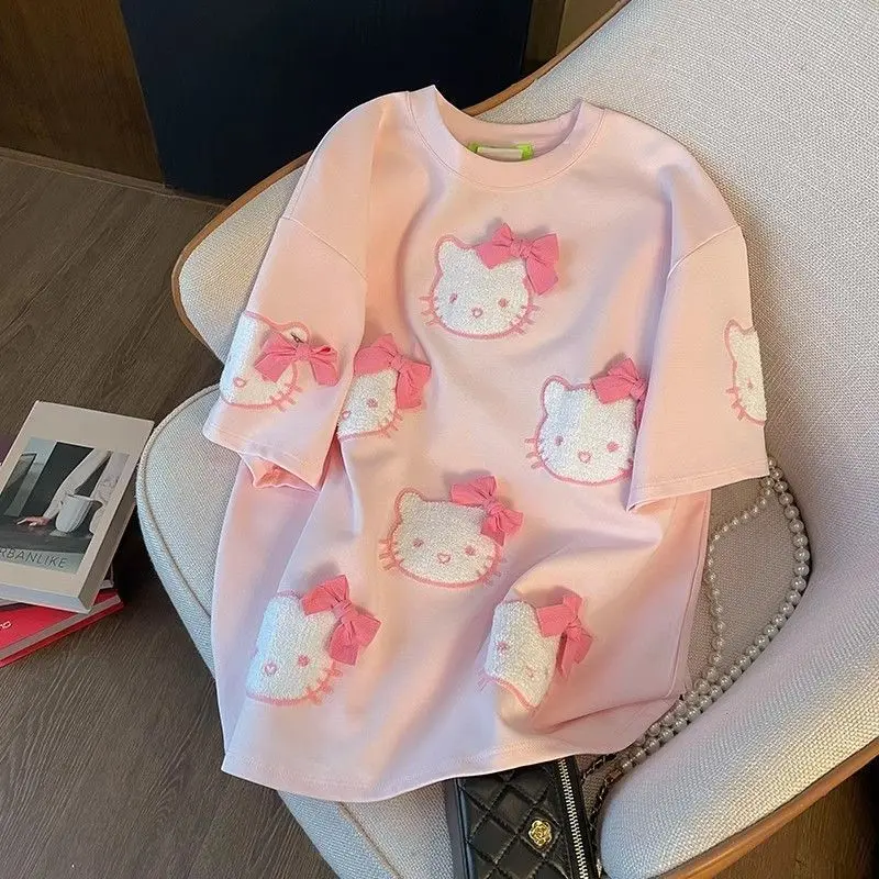 

Футболка женская с бантом Hello Kitty, из хлопка, с коротким рукавом