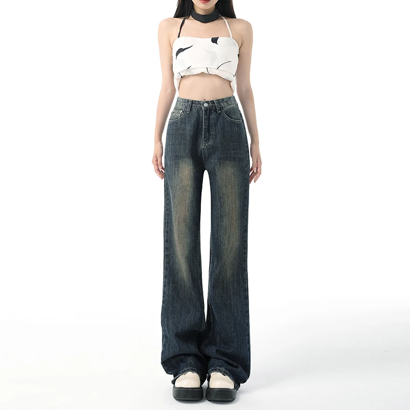 Retro Blue Slightly Flared Jeans Women High Waist Casual Wide Leg Pants Y2k Korean Femme Slimming Small Denim Trousers Summer