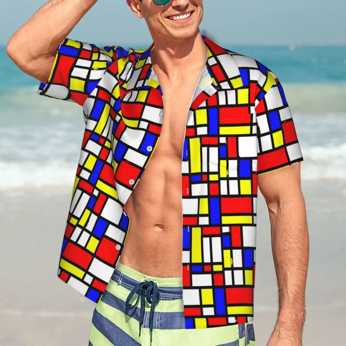 

Пляжная рубашка с геометрическим принтом в стиле пэчворк, Летняя Повседневная рубашка с цветными блоками, мужские винтажные блузки с коротким рукавом, уличные топы с графическим рисунком Y2K