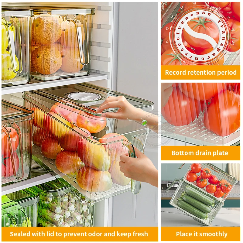Konco Refrigerator Storage Box Stackable Fridge Organizer with Freshness Timer Lid Plastic Food Freezer Pantry Kitchen Organizer 5