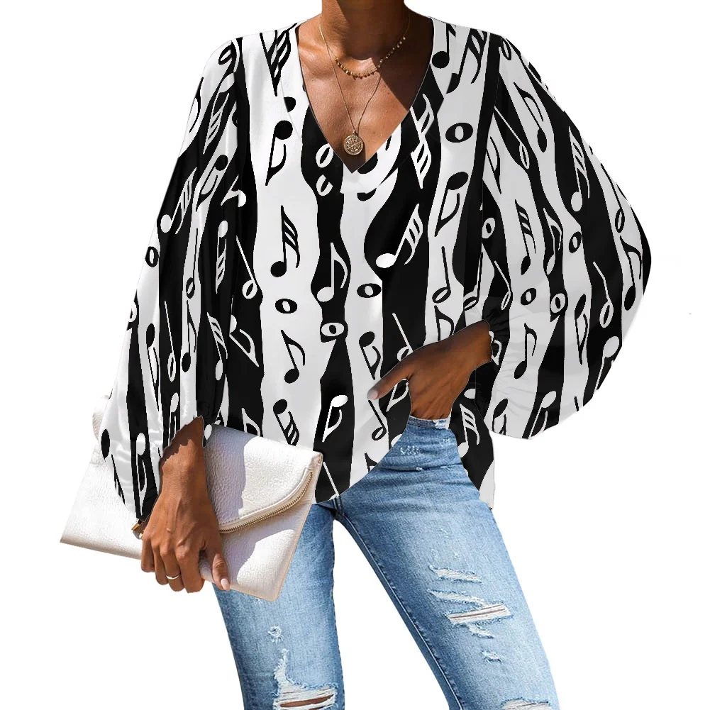 

Noisydesigns 2022 Music Print Summer New Short Sleeve Chiffon Shirt Comfortable V-Neck Women Shirts Blouses Top Loose Sleeve