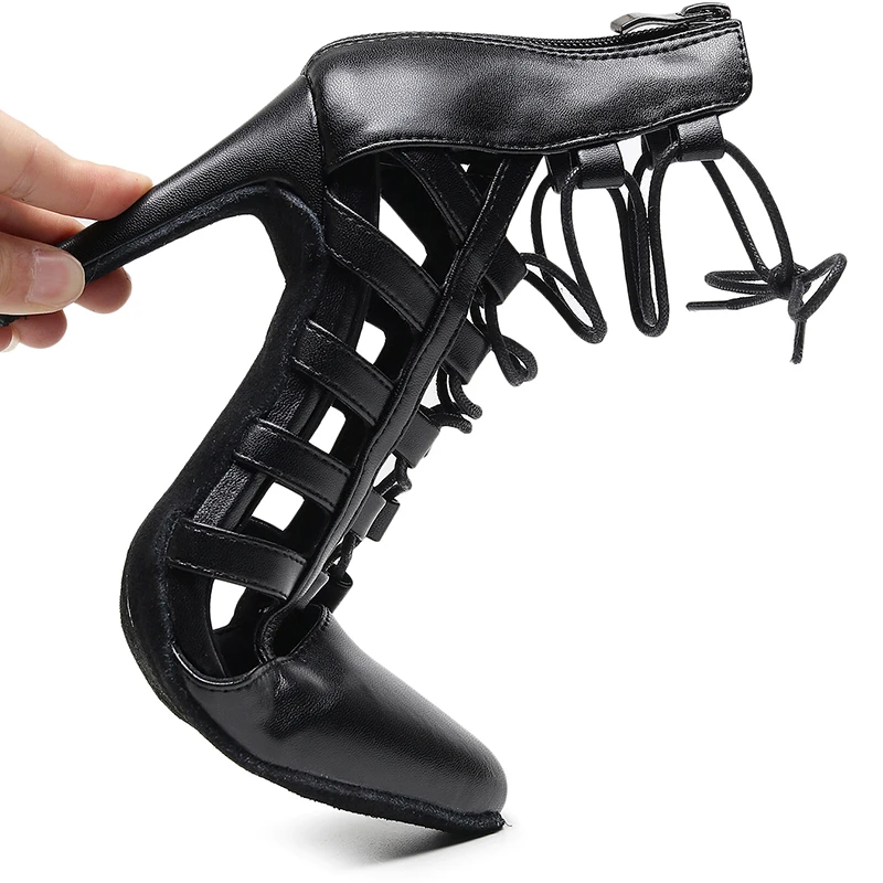 Woman Black Lace Up Dancing Shoes Girls Suede Leather Modern Jazz  Practice Dance Heels Girls  Summmer Stiletto Shoe 7.5cm-11cm