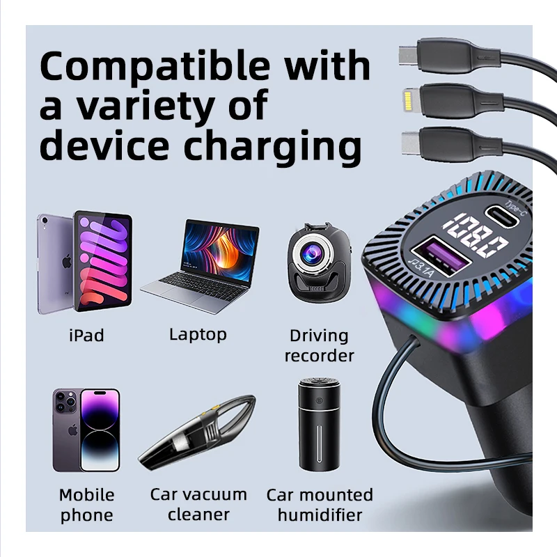 Car Bluetooth 5.3 FM Transmitter Wireless Audio Receiver Car MP3 Player 66W  PD Fast Charger Ambient Light Muti-point Charger