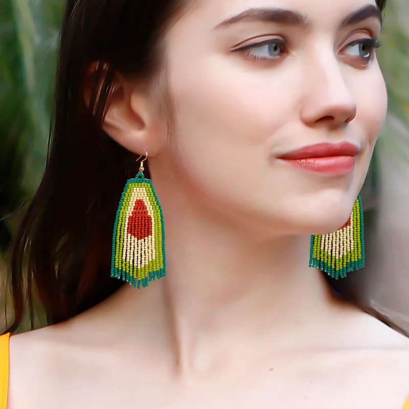 

2023 Avocado Fruit Tassel Earrings Handwoven Bohemia Long Creative Original Design Rice Beads Jewelry for Women Girl