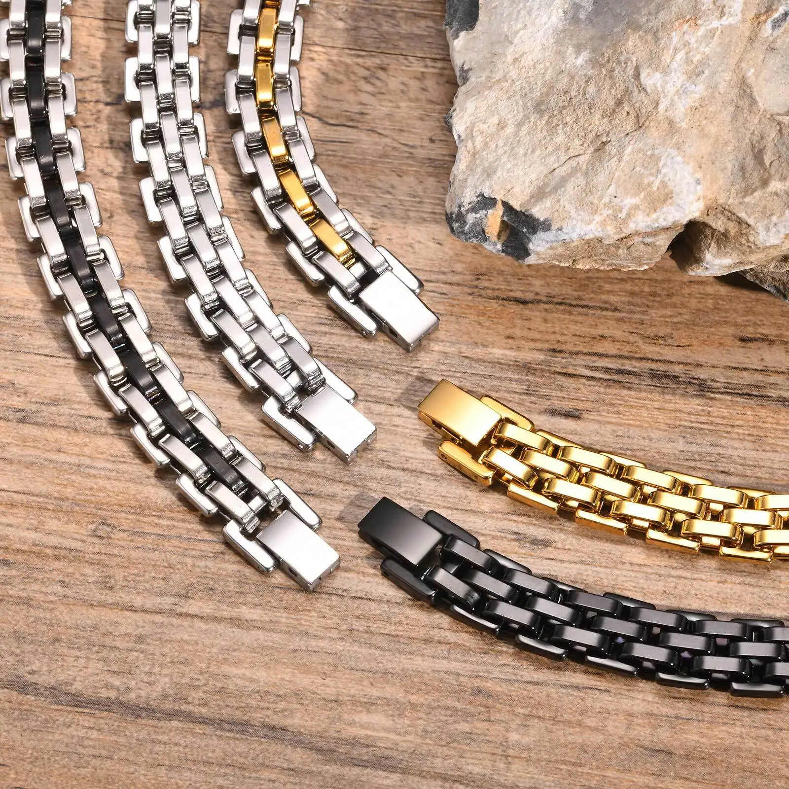 צמידי קישור עבים לגברים מבית Vnox, עשויים מפלדת אל-חלד בעבודת יד, מתנה פאנק עדינה לו