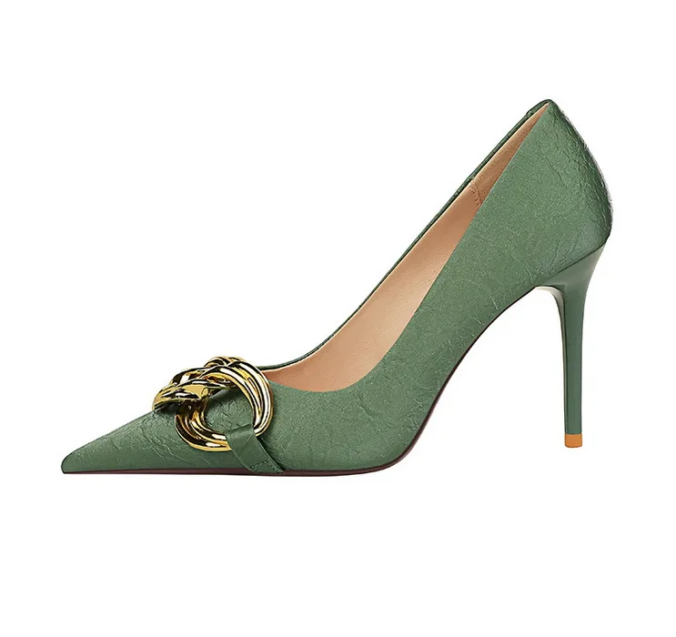 Women 7.5cm 9.5cm High Heels Escarpins Pumps Lady Metal Chain Low Heels Fetish Nightclub Slim Fit Party Green Office Prom Shoes