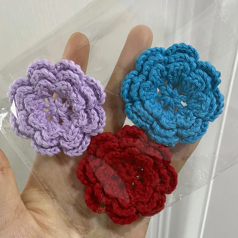 2Pcs Hand Knitting Crochet Flower Three Layer Multi Color Sewing Hat Clothing Cotton Fabric Mats DIY Craft Apparel Accessories