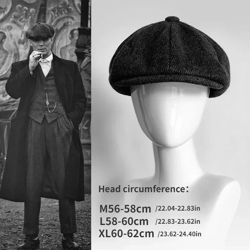 62cm Newsboy Caps Men Vintage Wool Thick Beret Winter Driver Hats for Men Tweed Casual Flat Octagonal Cap