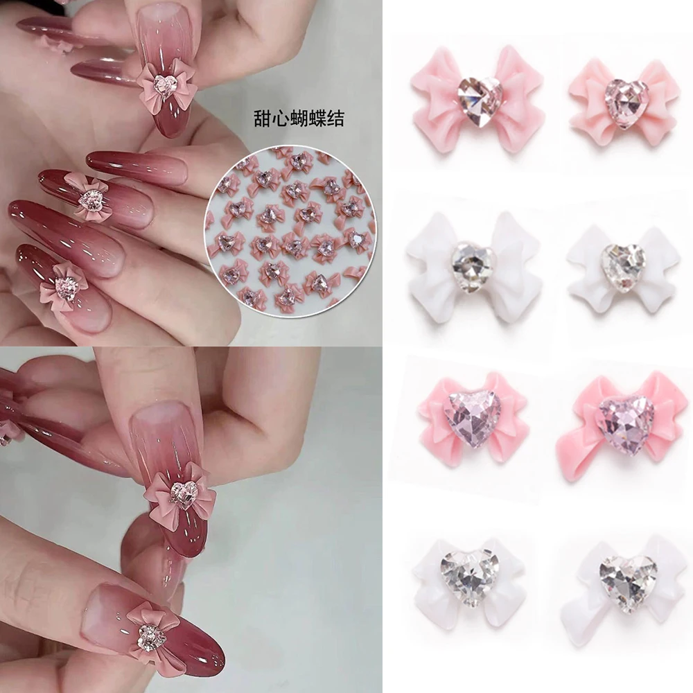 10pcs Pink Ribbon Resin Bow Nail Charms DIY Korean 3D Rhinestone Heart Bowknot Design Jewelry For Nail Art Decoration