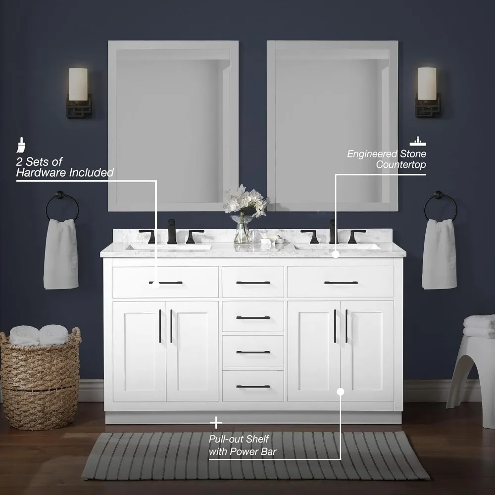 60" Double Undermount Sink Bathroom Vanity with Cultured Marble Countertop, Backsplash Included, 4 Doors 5 Drawers and Power Bar 4