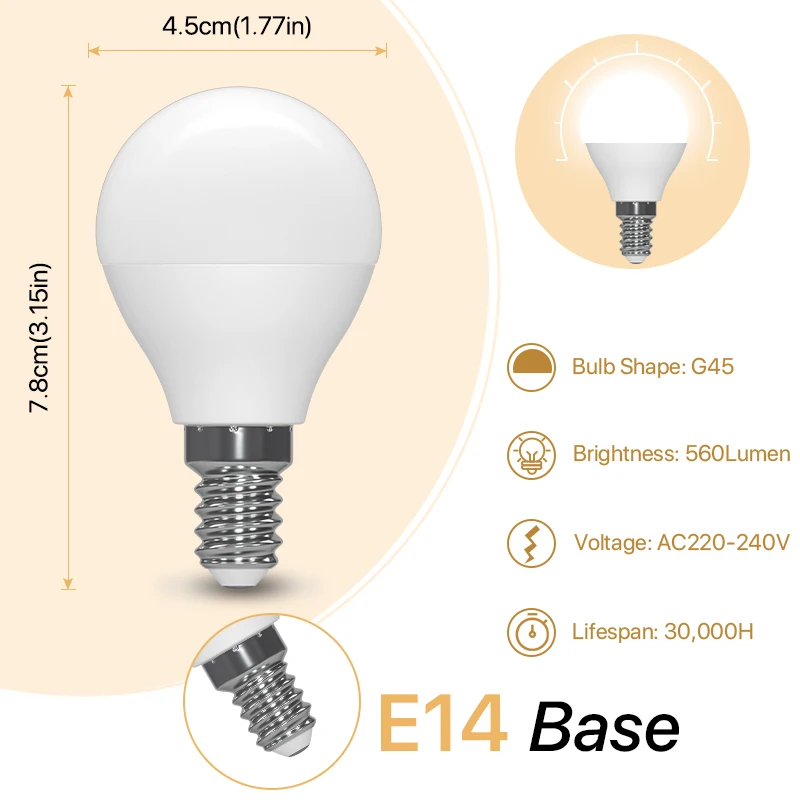 소형 에디슨 나사 전구, LED 전구 50W, G45 E14, 5W, 220-240V, 560Lm, 따뜻한 흰색, 2700K, 디밍 불가 6 팩