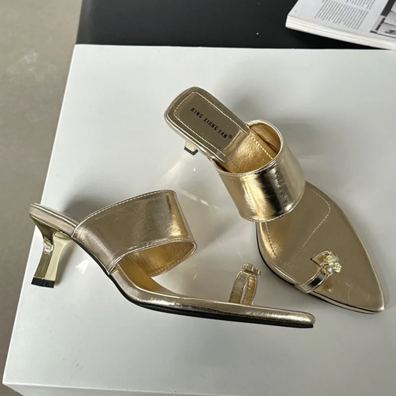 

Женские шлепанцы с острым носком, золотистые модные уличные сандалии на высоком тонком каблуке, Классические сандалии с открытым носком, без застежки, лето 2024